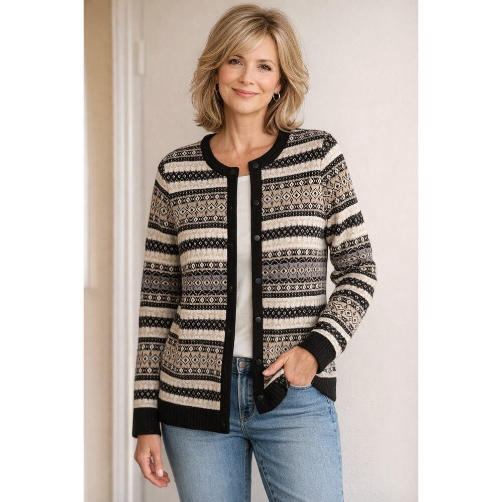 Croft and Barrow Cardigan Womens Petite Large Fair Isle Sweater Black Cream